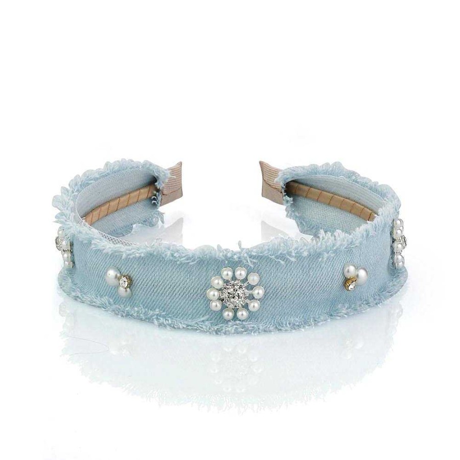 Hair Accessories Limlim | Frayed Denim Crystal And Pearl Hairband