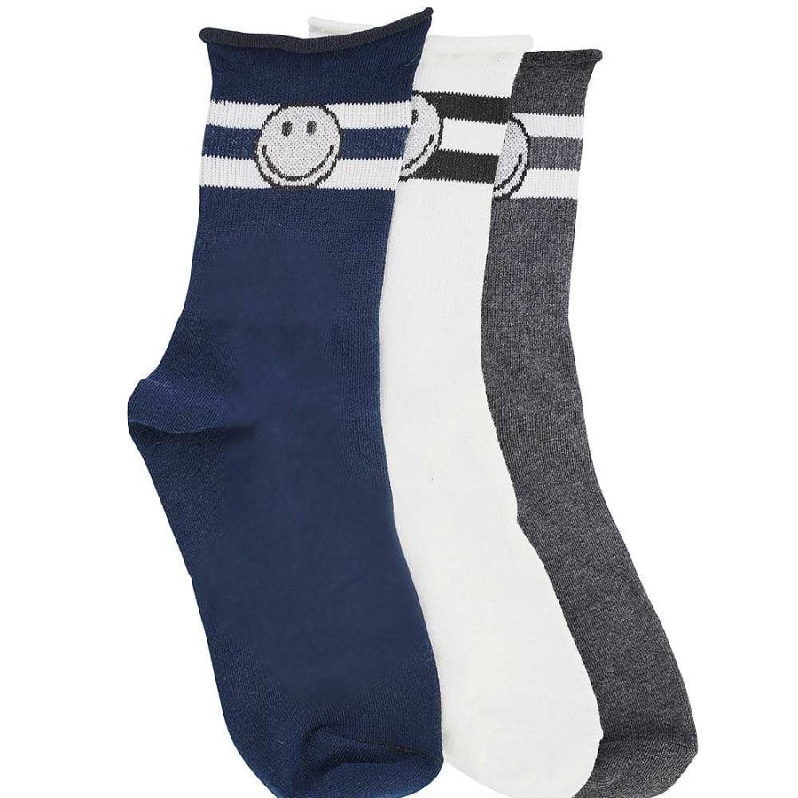 Luxe Trendy Socks Limlim | Silver Smiley Face Two Stripe