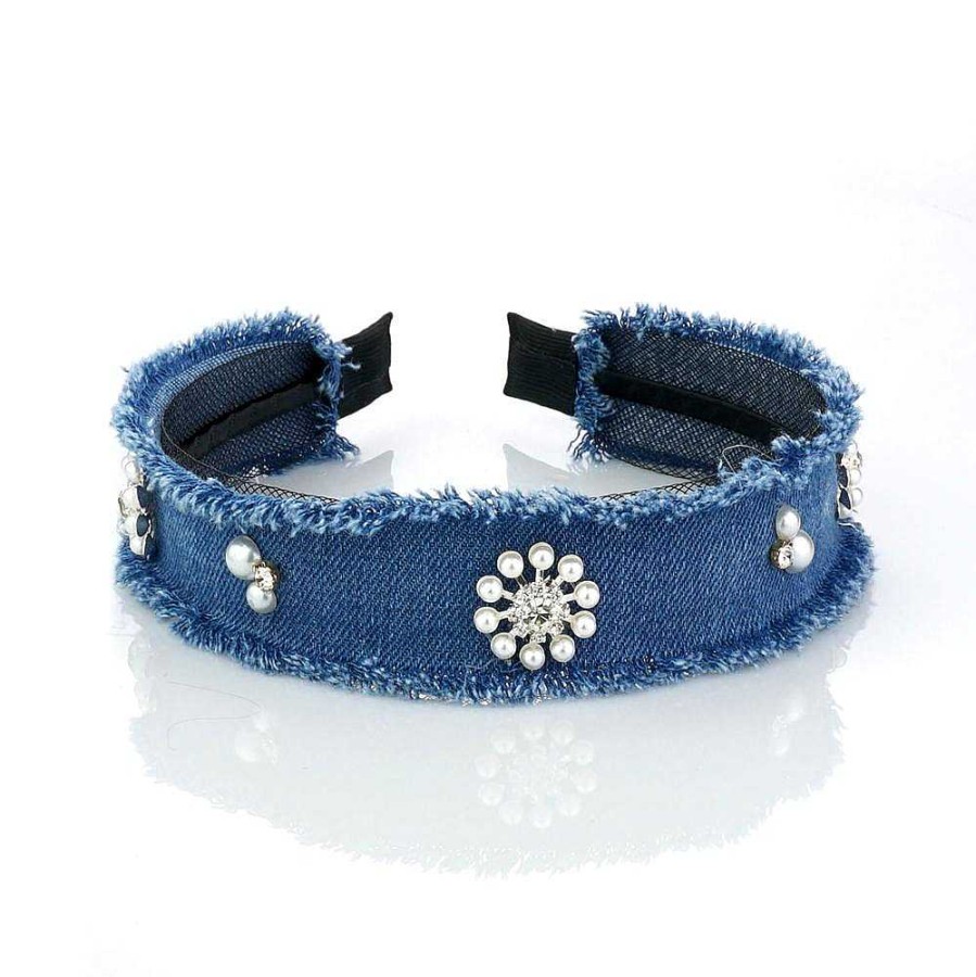 Hair Accessories Limlim | Frayed Denim Crystal And Pearl Hairband